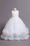 Robes de filles bleues perlées de tulle avec appliques