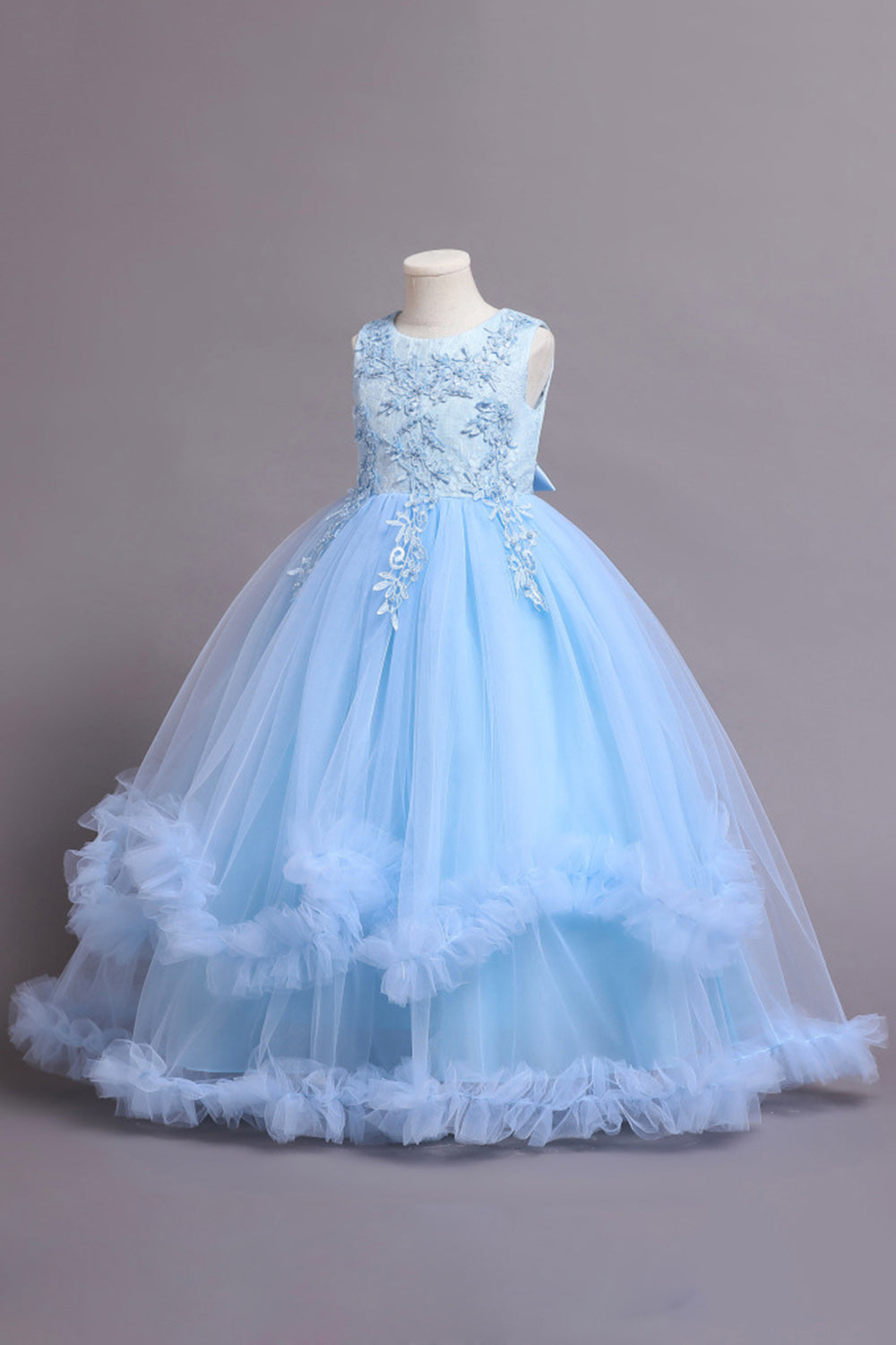 Robes de filles bleues perlées de tulle avec appliques