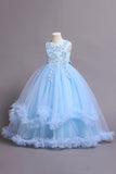 Robes de filles bleues perlées de tulle avec appliques