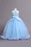 Robes de filles bleues perlées de tulle avec appliques