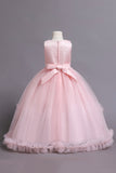 Robes de filles bleues perlées de tulle avec appliques