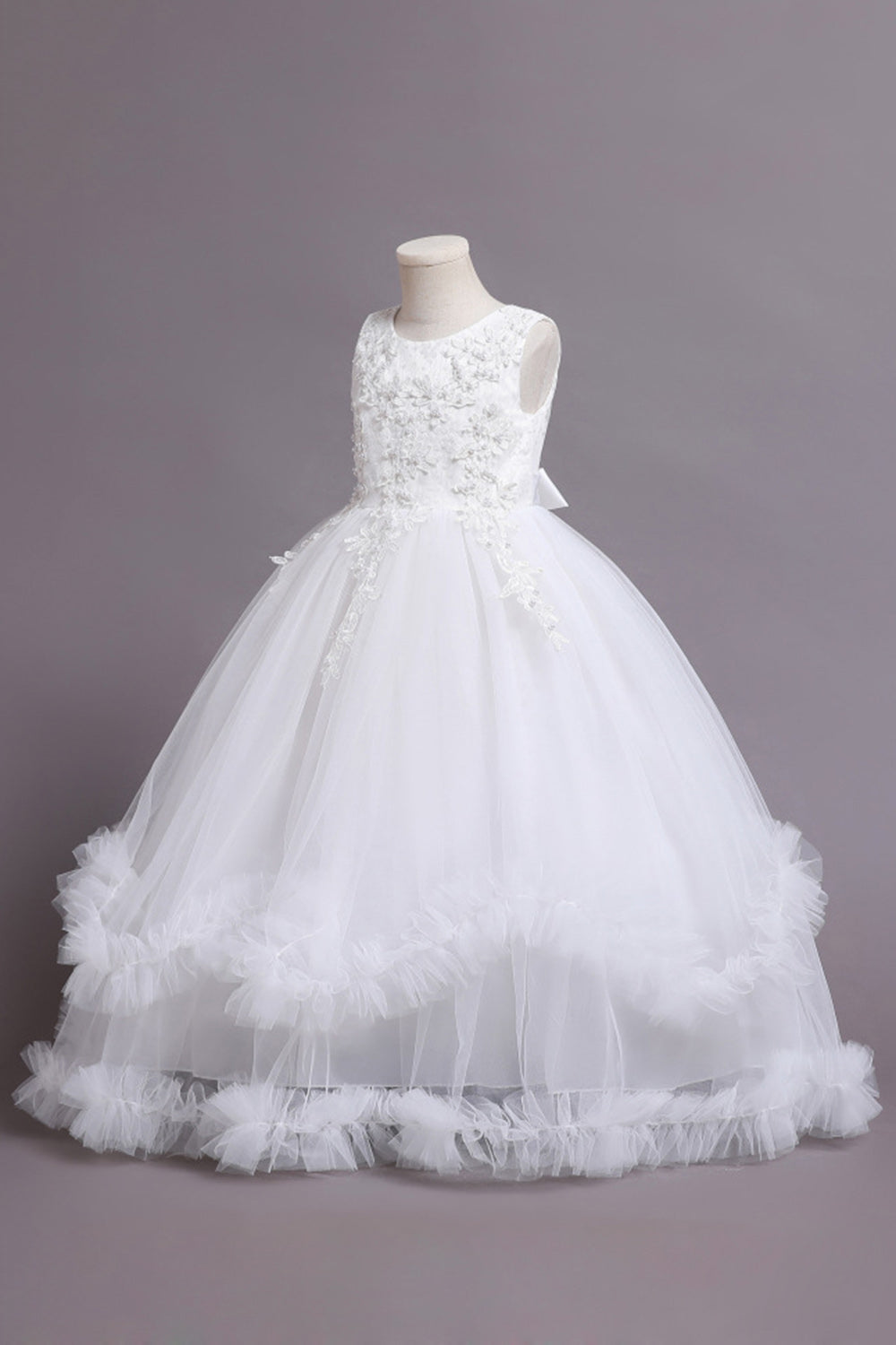 Robes de filles bleues perlées de tulle avec appliques