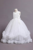 Robes de filles bleues perlées de tulle avec appliques