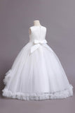 Robes de filles bleues perlées de tulle avec appliques