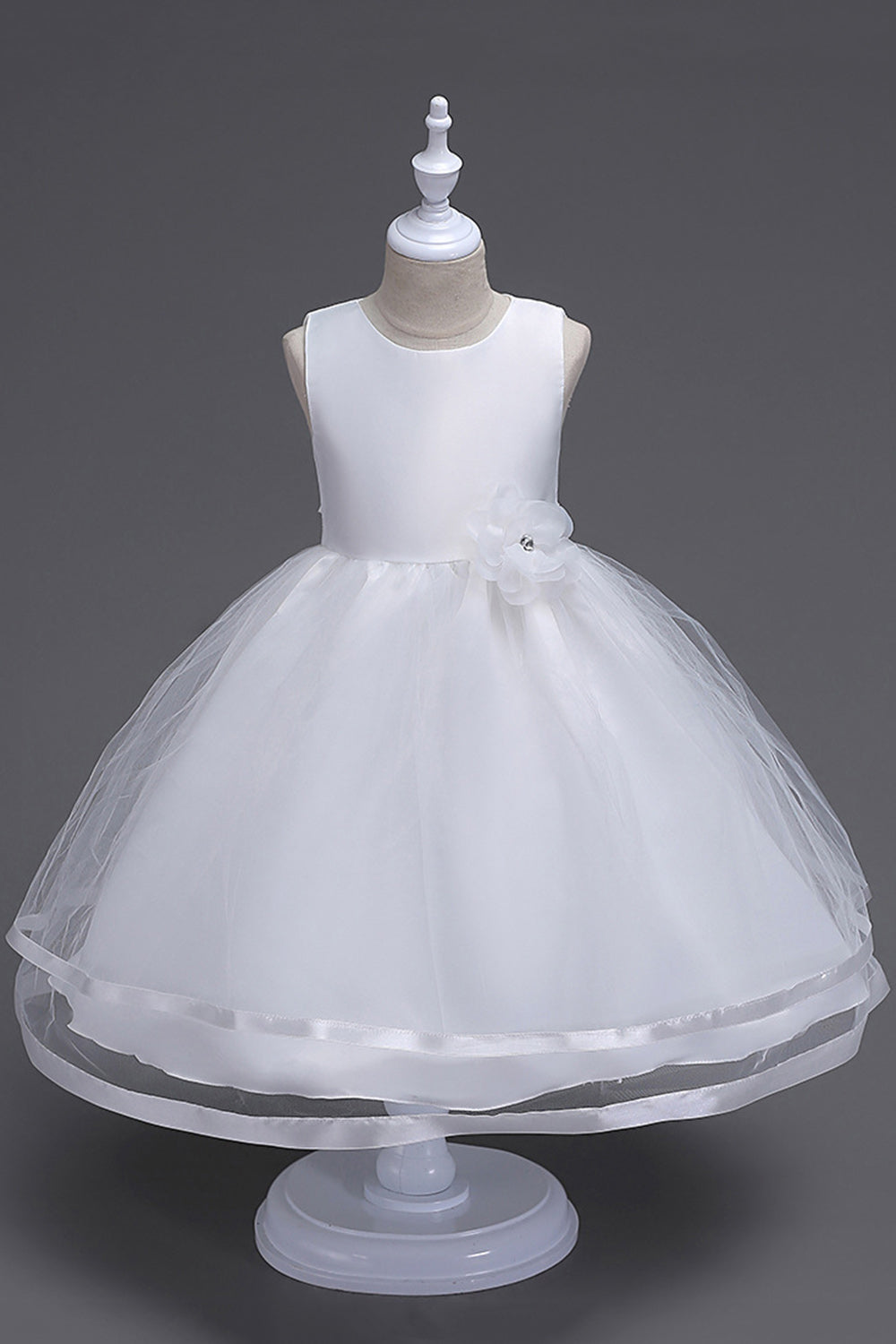Col bateau Robe de fille blanche en tulle avec arc
