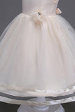 Col bateau Robe de fille blanche en tulle avec arc