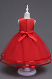 Col bateau Robe de fille blanche en tulle avec arc