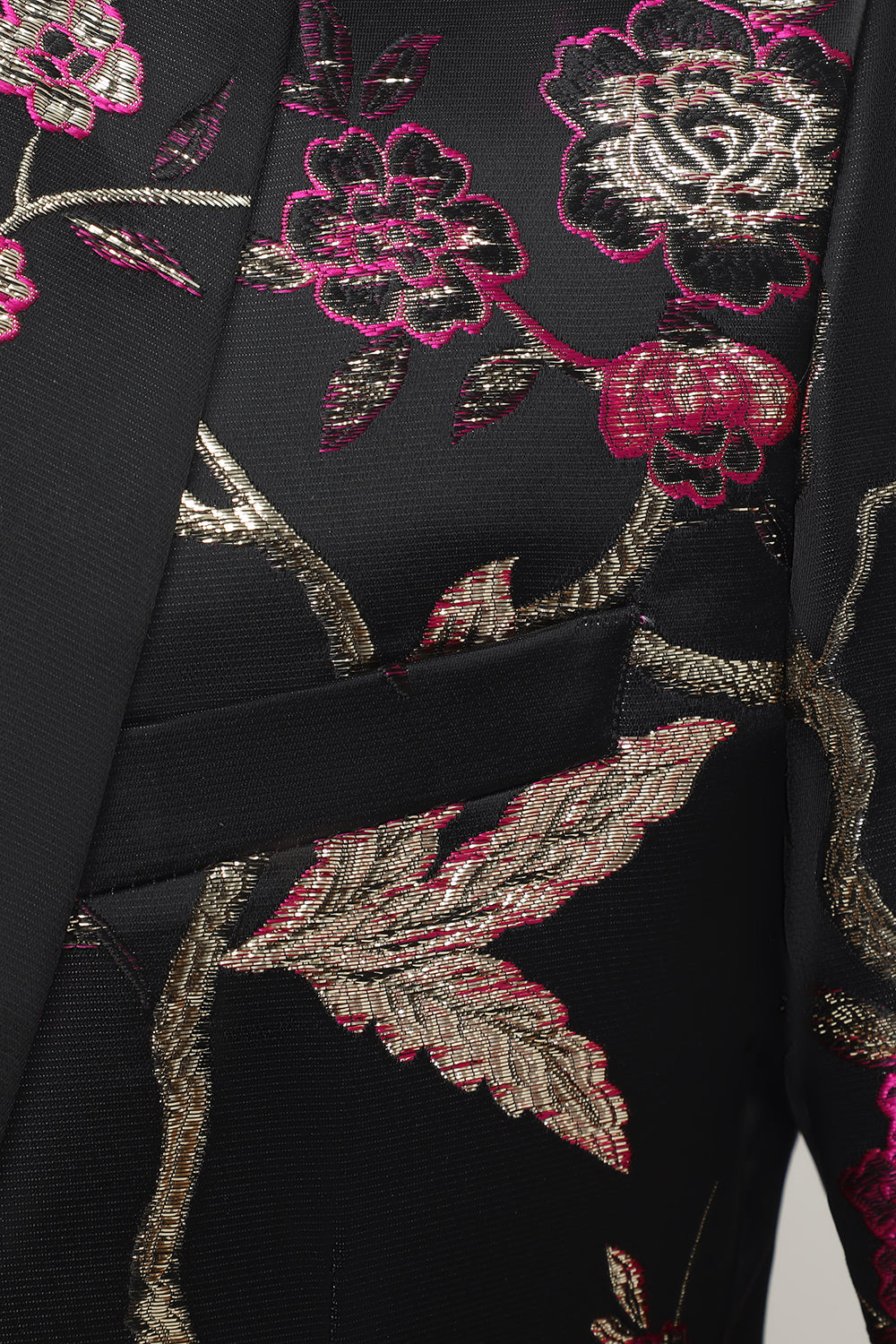 Blazer à revers cranté en satin noir Jacquard