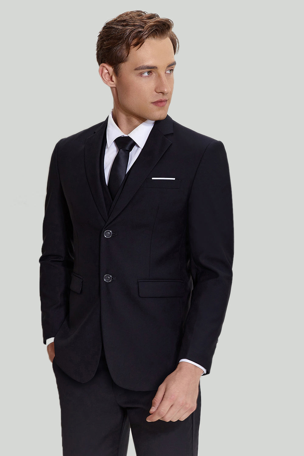 Costume trois pièces noir pour homme avec revers entaillé