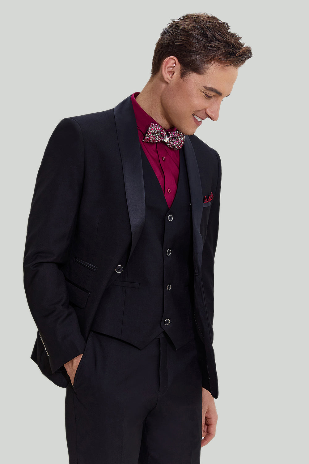Costume à revers châle Coupe ajustée 3 pièces pour homme noir