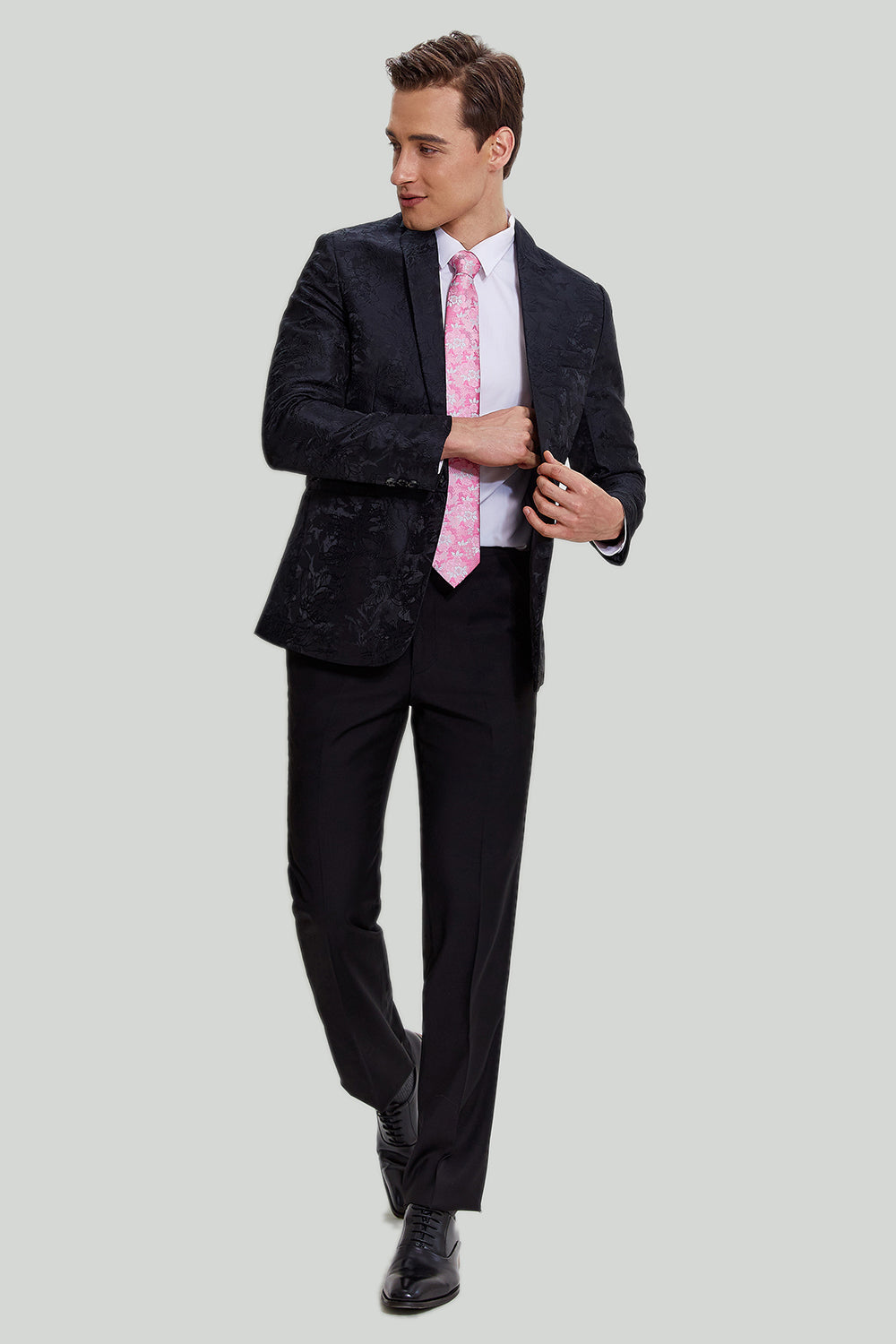 Blazer à revers cranté en satin noir Jacquard