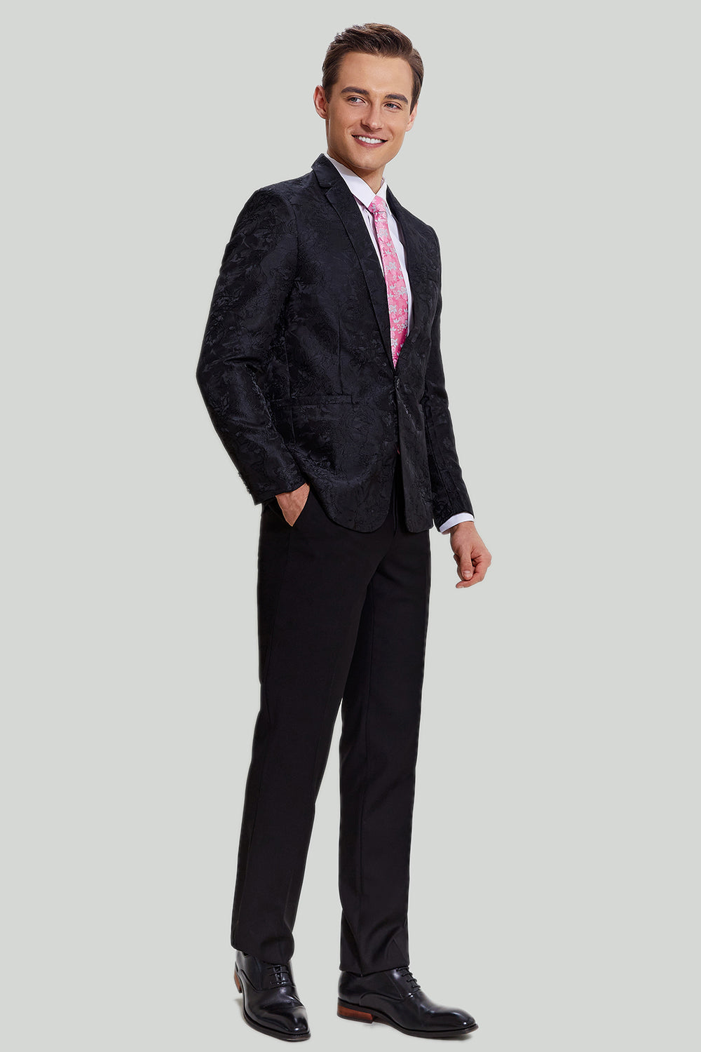 Blazer à revers cranté en satin noir Jacquard