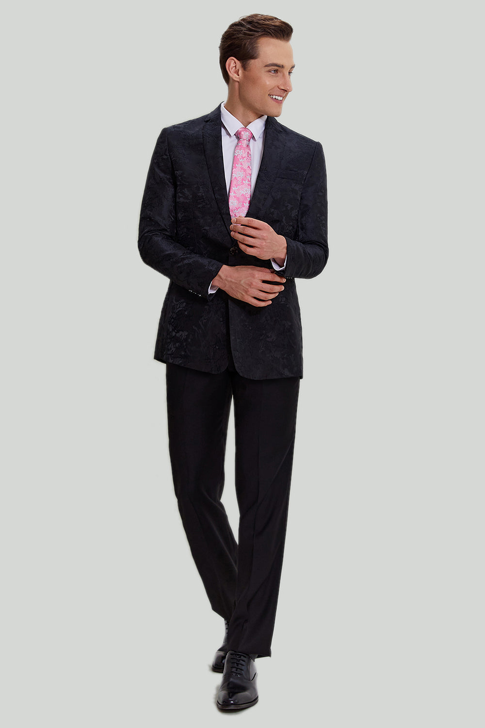 Blazer à revers cranté en satin noir Jacquard