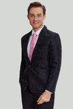 Blazer à revers cranté en satin noir Jacquard