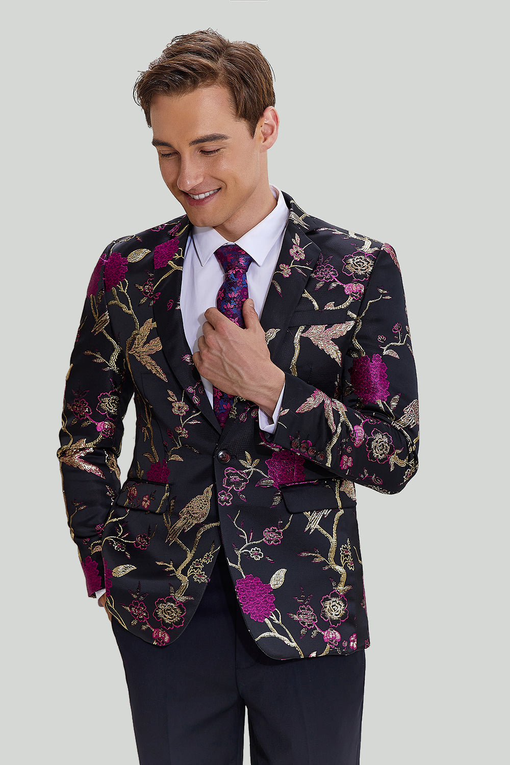 Blazer à revers cranté en satin noir Jacquard