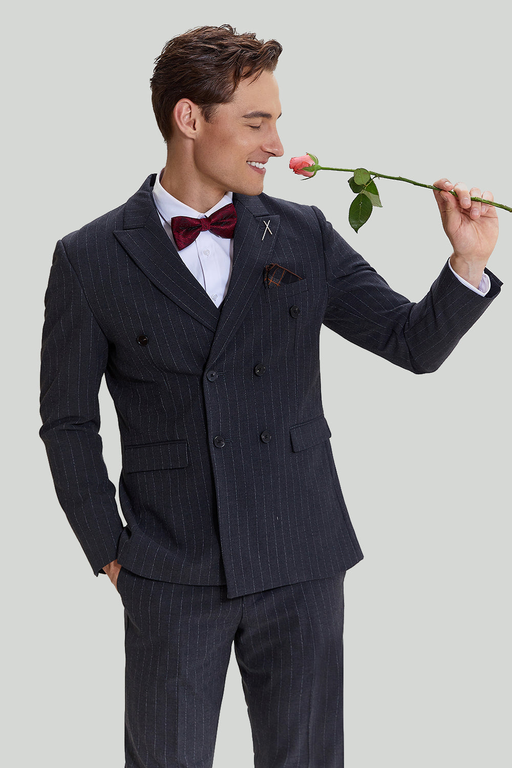 Costume 3 pièces Pinstripe Gris Foncé Homme