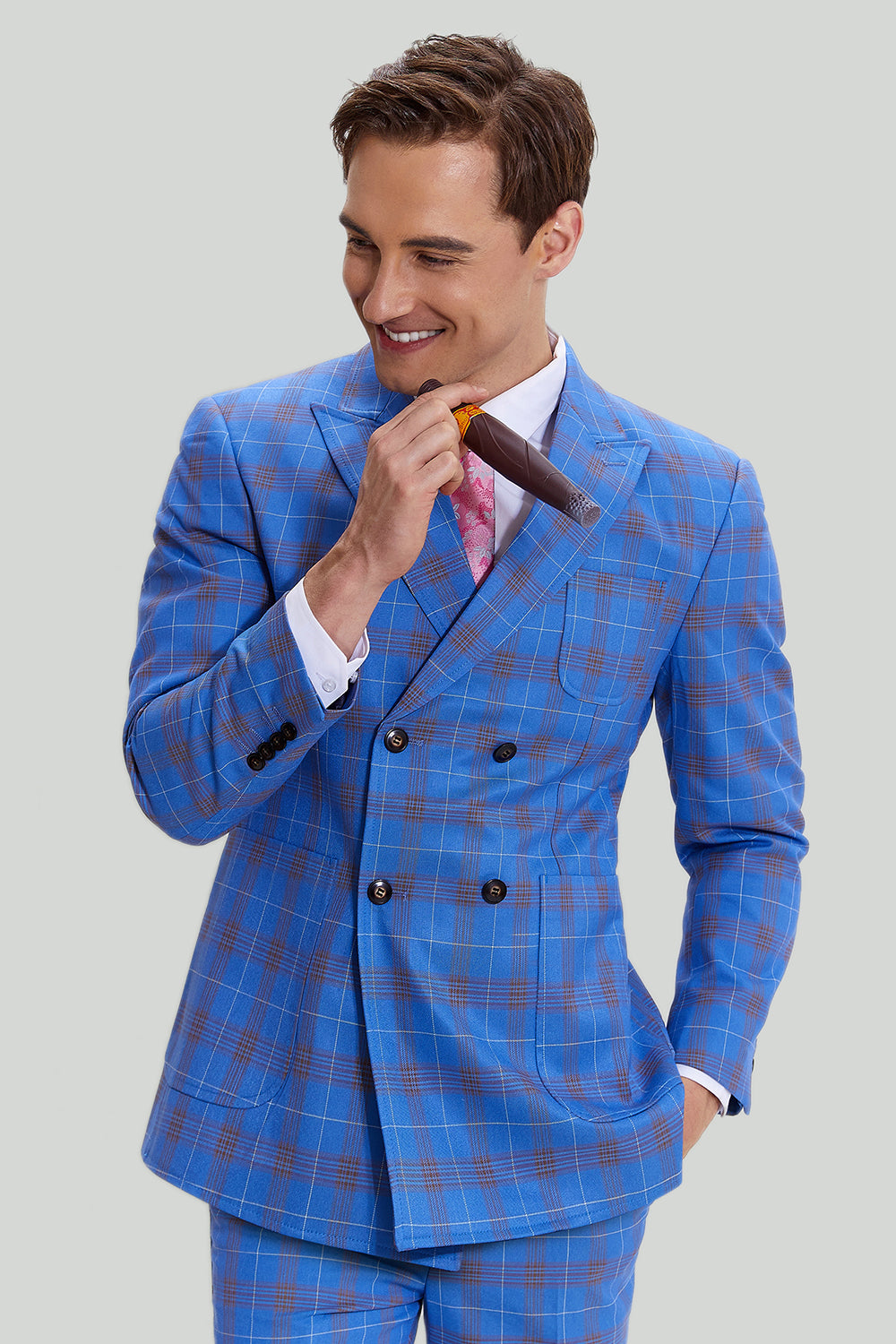 Costumes Smoking 3 pièces Blue Plaid Homme