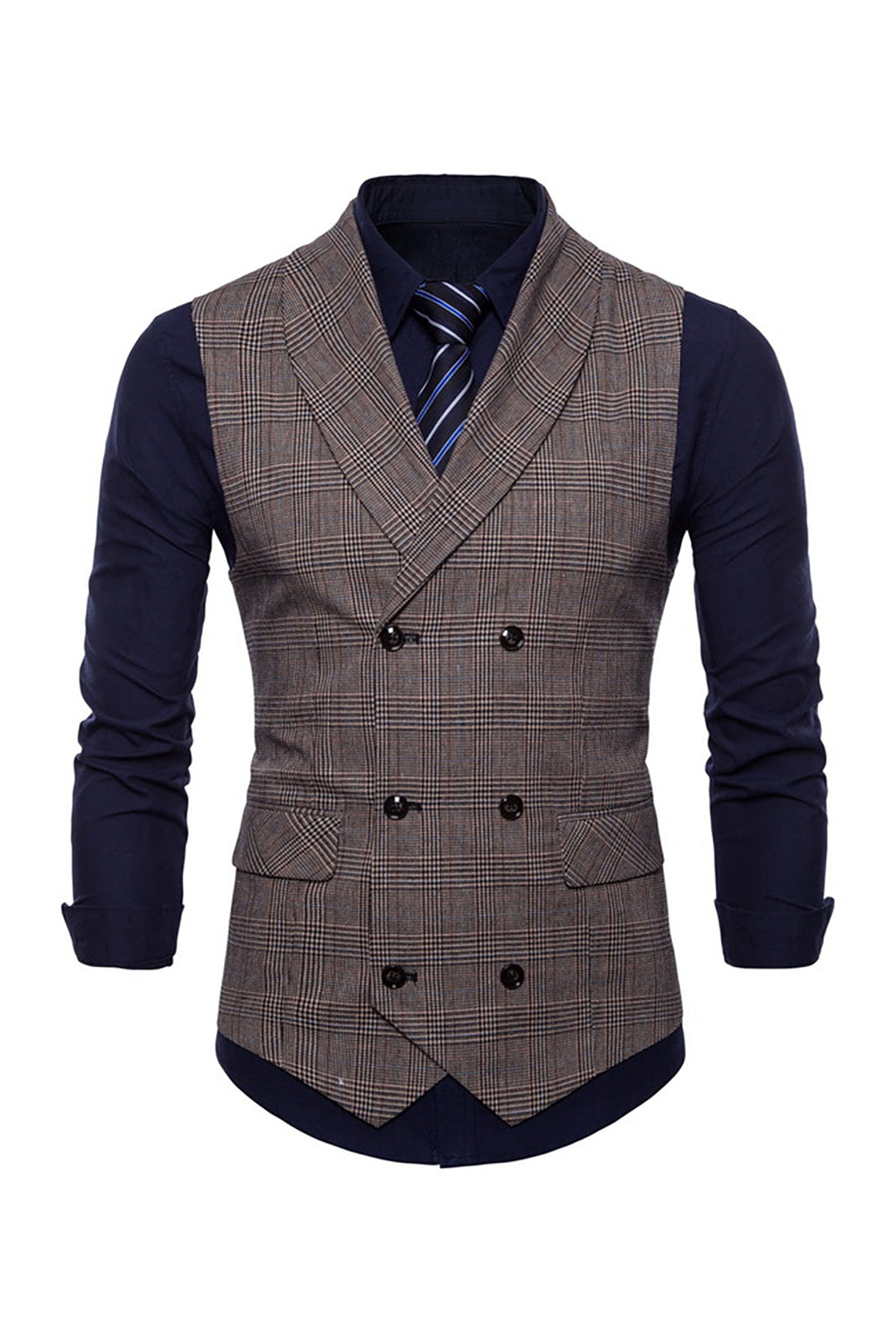 Gris Pinstripe Double Poitrine Châle Lapel Hommes Costume Gilet