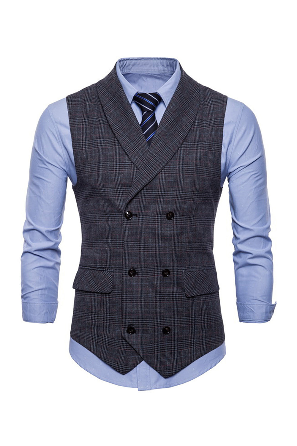 Gris Pinstripe Double Poitrine Châle Lapel Hommes Costume Gilet