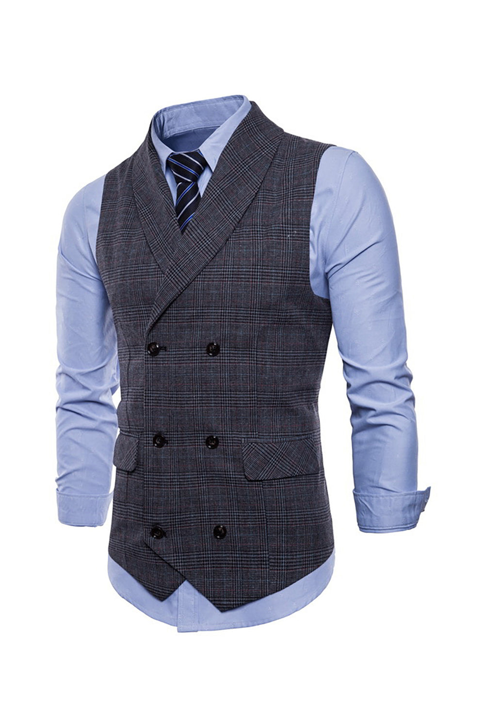 Gris Pinstripe Double Poitrine Châle Lapel Hommes Costume Gilet