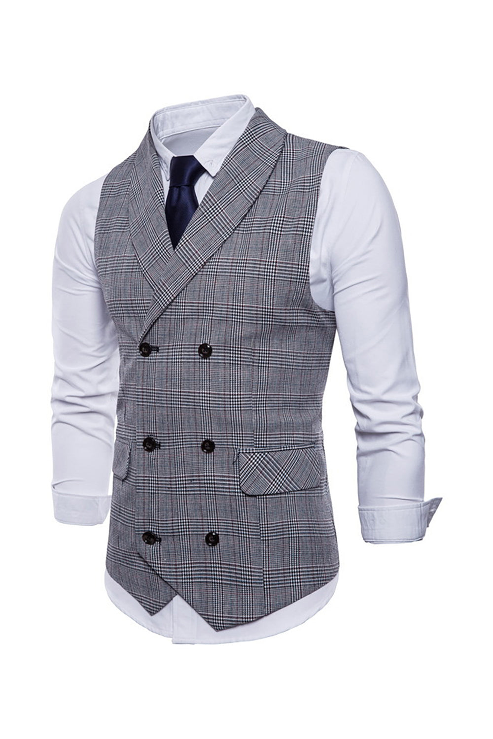 Gris Pinstripe Double Poitrine Châle Lapel Hommes Costume Gilet