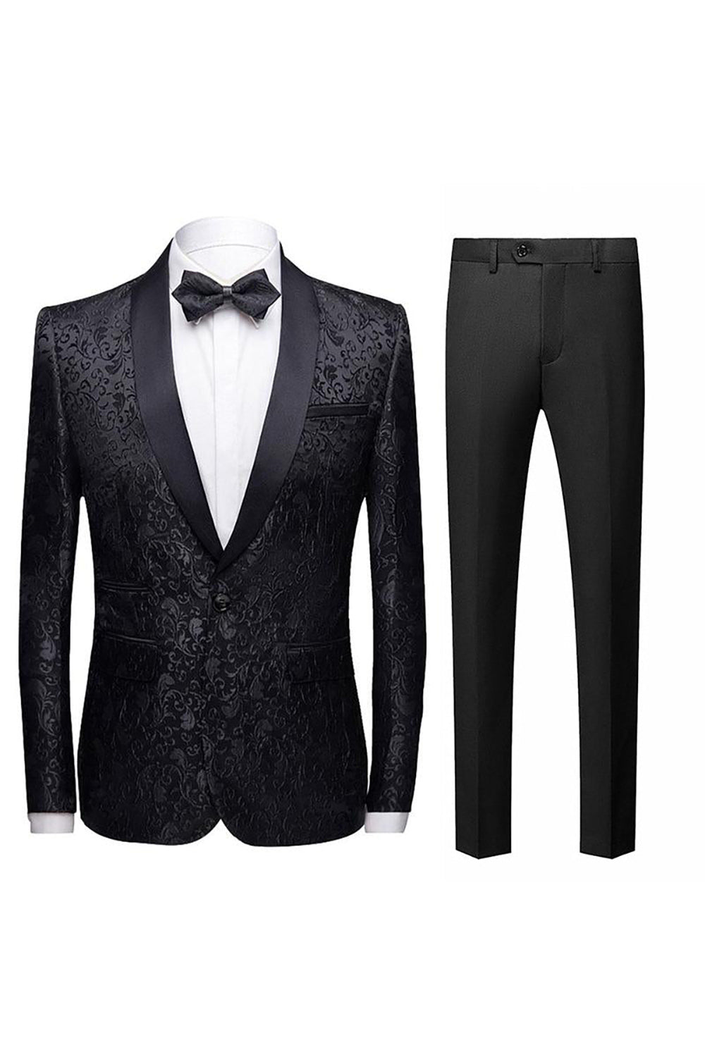 Noir Jacquard Shawl Lapel Homme 2 Pièces Costumes