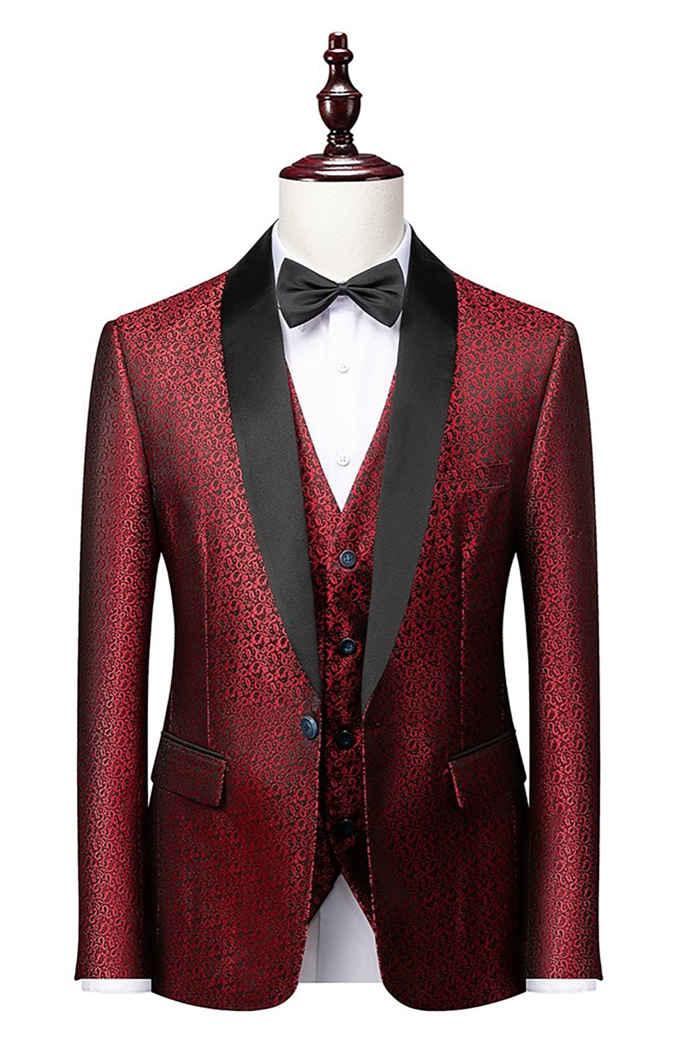Châle Noir Lapel Jacquard 3 Pièces Costumes Homme