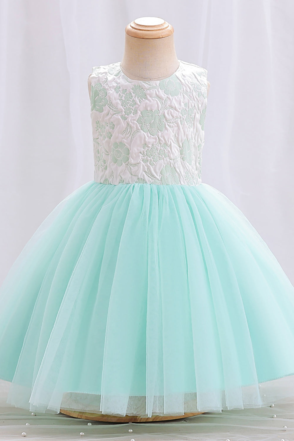 Tulle Bateau Col Sans manches Vert Clair Fleur Robe Fille