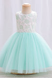 Tulle Bateau Col Sans manches Vert Clair Fleur Robe Fille