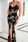 Gaine Spaghetti Straps Noir Longue Robe de Bal avec Fente