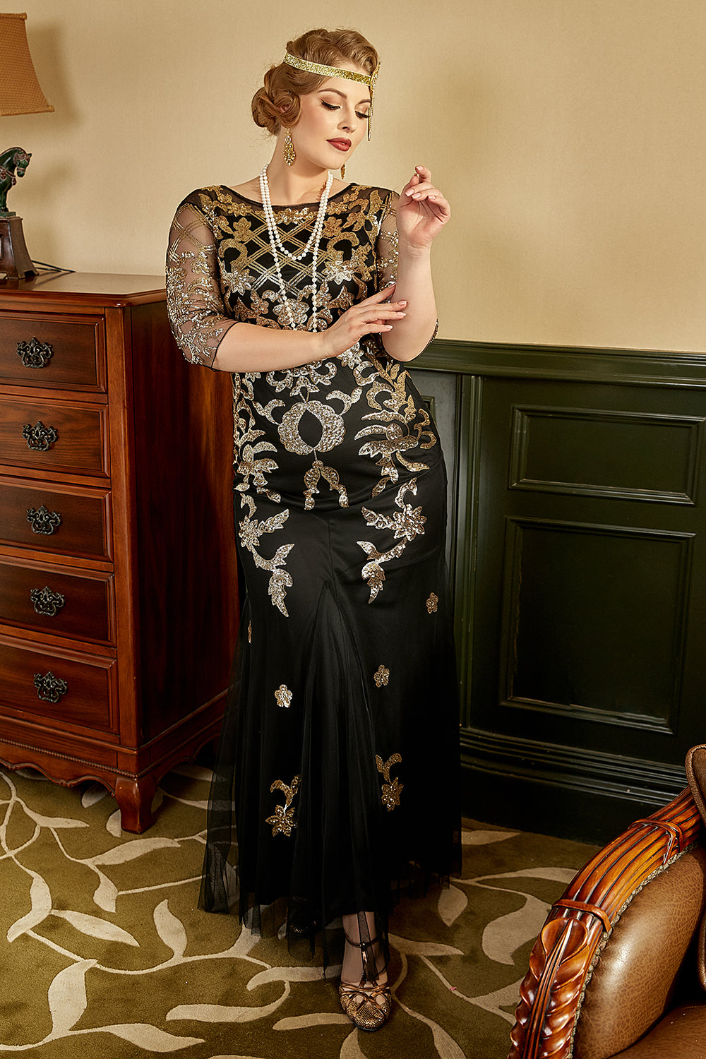 Noir Golden Plus Taille 1920s Robe à paillettes