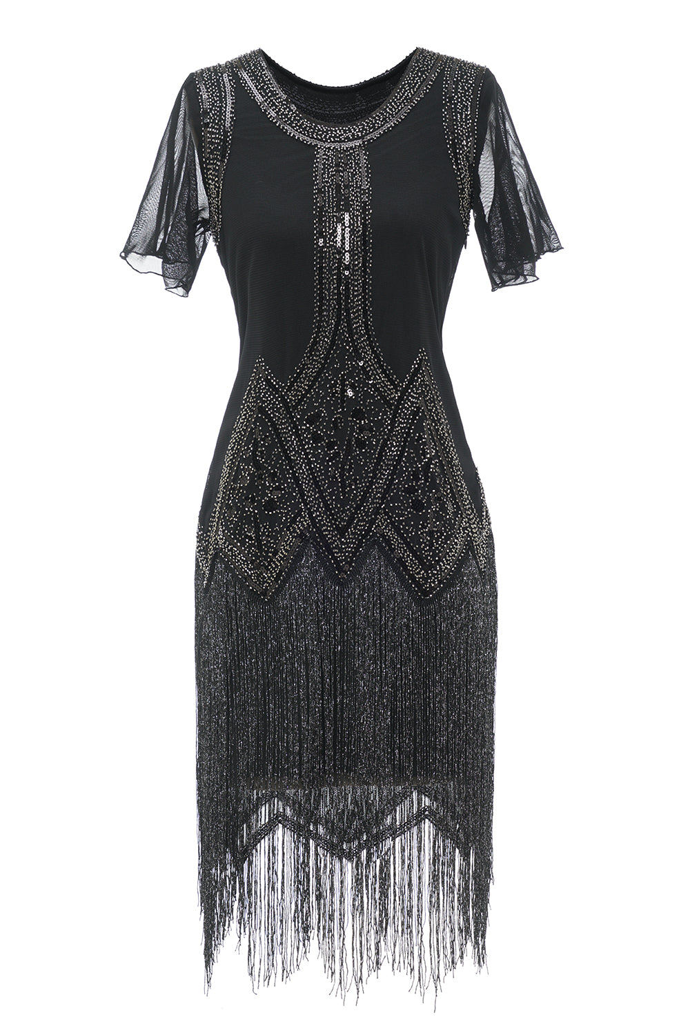 Luxueuse robe à franges perlées à paillettes des années 1920