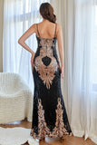 Robe de bal sirène à paillettes noire et or