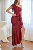 Robe de bal longue sirène à paillettes rouges avec volants