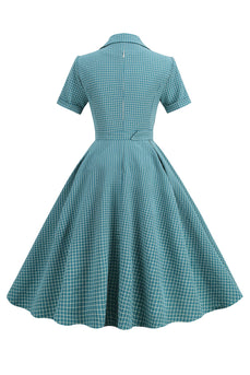 Vintage V Neck Blue Plaid Robe des années 1950