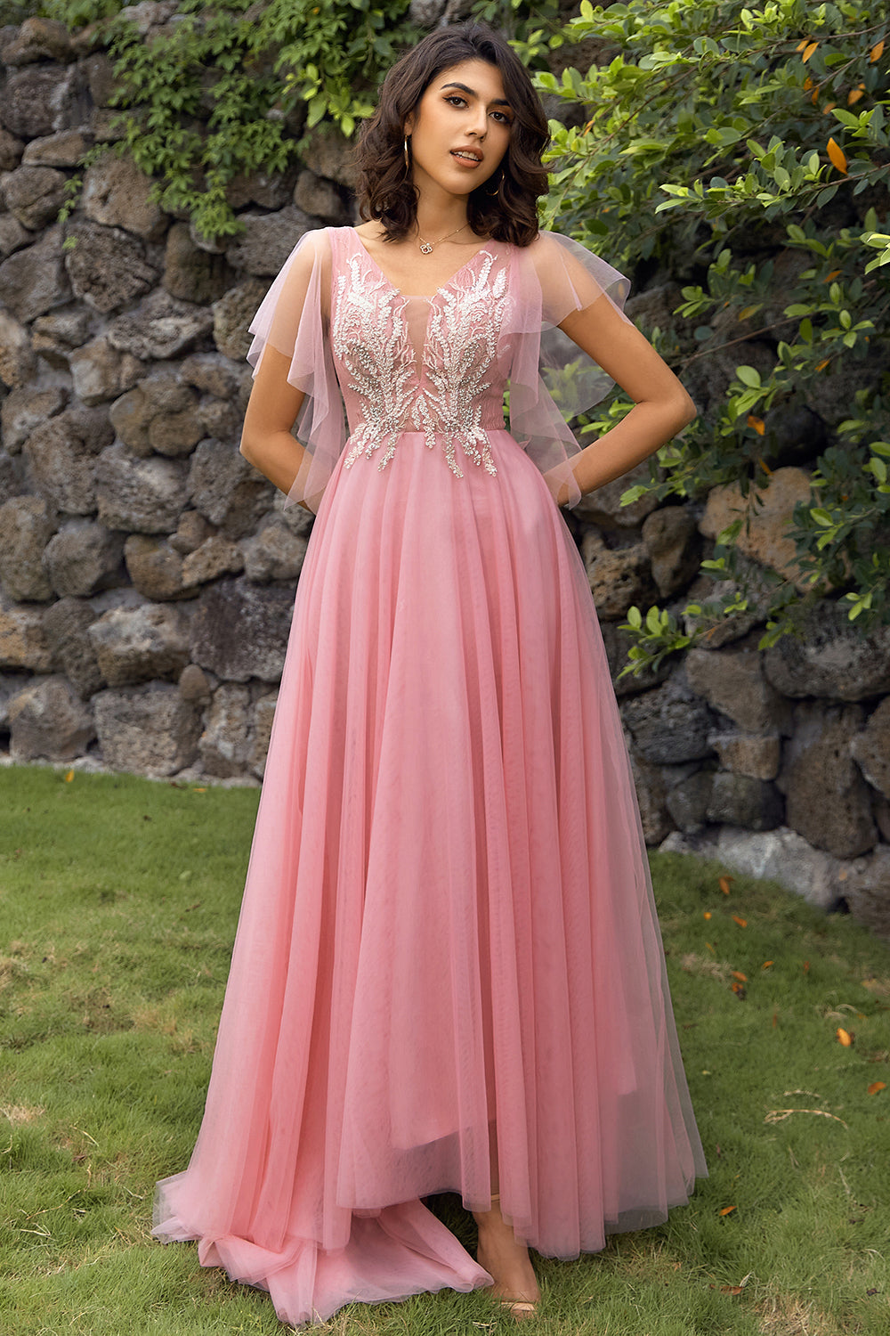 Une ligne V Col Blush Longue Robe de Bal avec Appliques