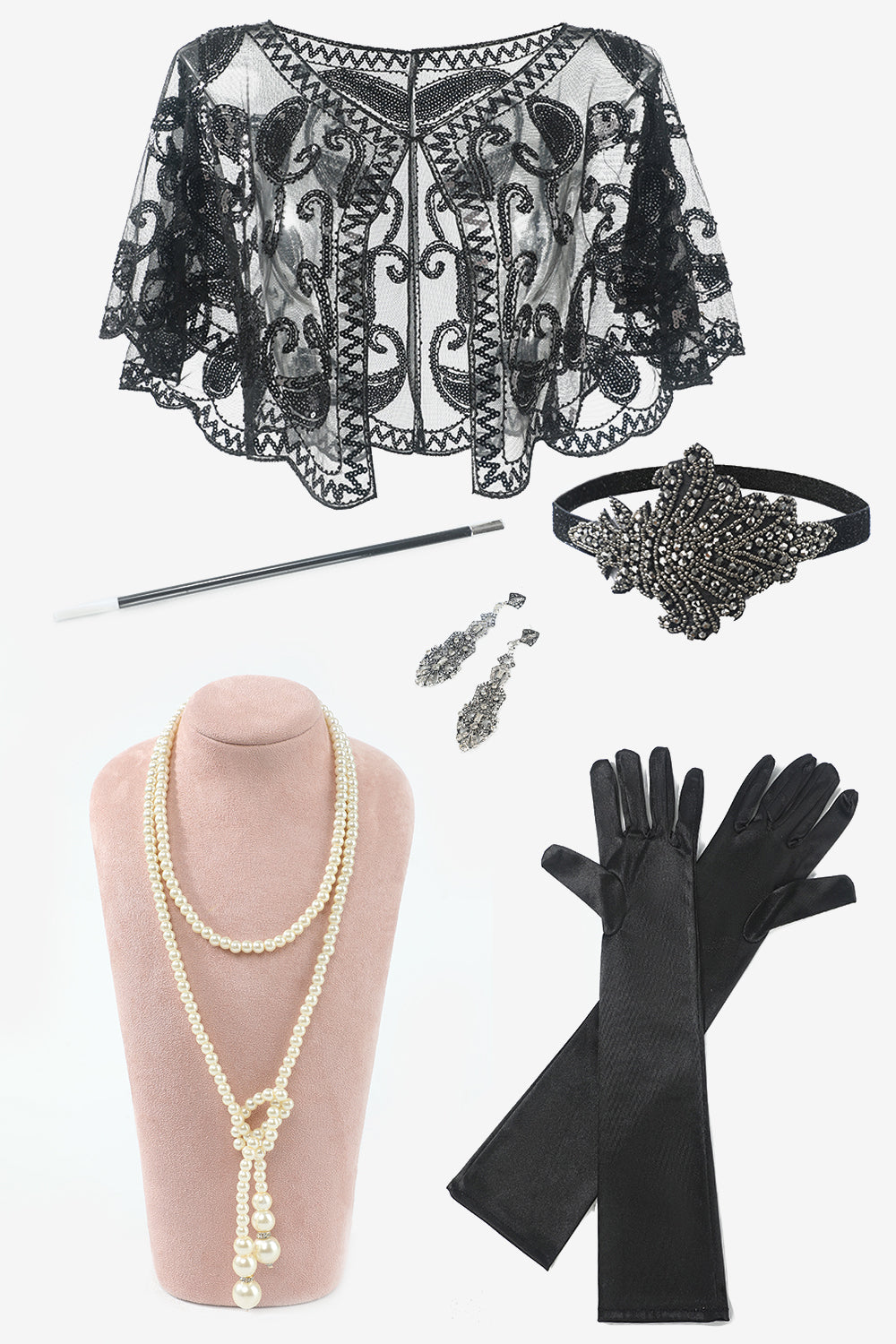 Noir Six Pièces Headpiece Golve Boucles d’oreilles 1920s Accessoires Set