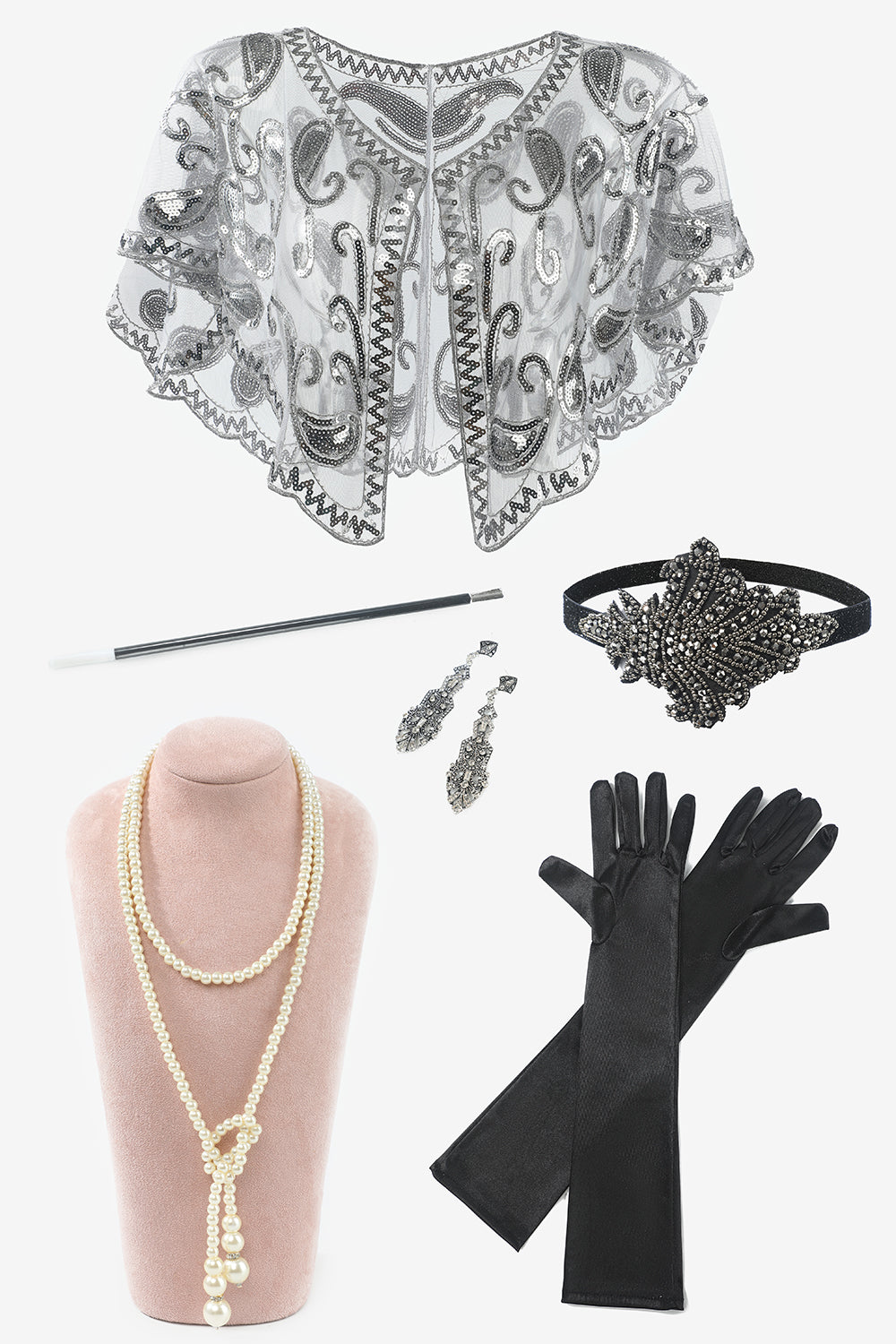 Seven Pieces Collier Gants 1920s Party Accessories Set