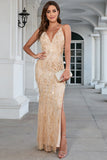 Champagne Spaghetti Straps Prom Robe de bal avec fente