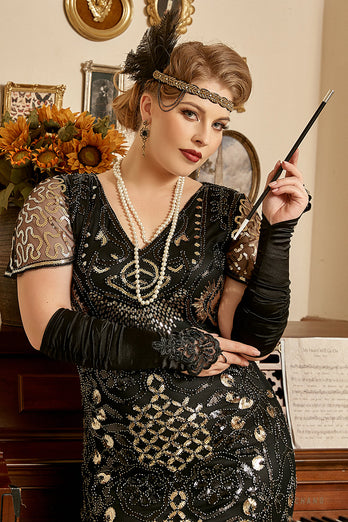 Noir Golden Perles Sequins 1920s Plus Size Robe