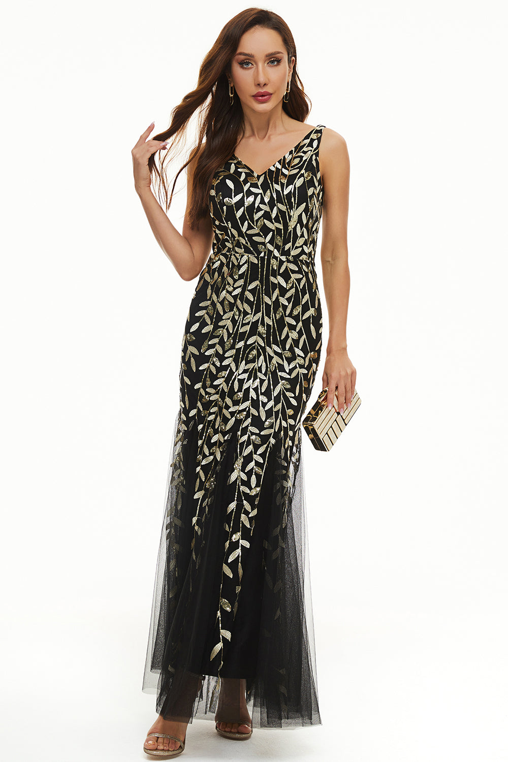 Feuilles Paillettes Tulle Longue Robe Formelle