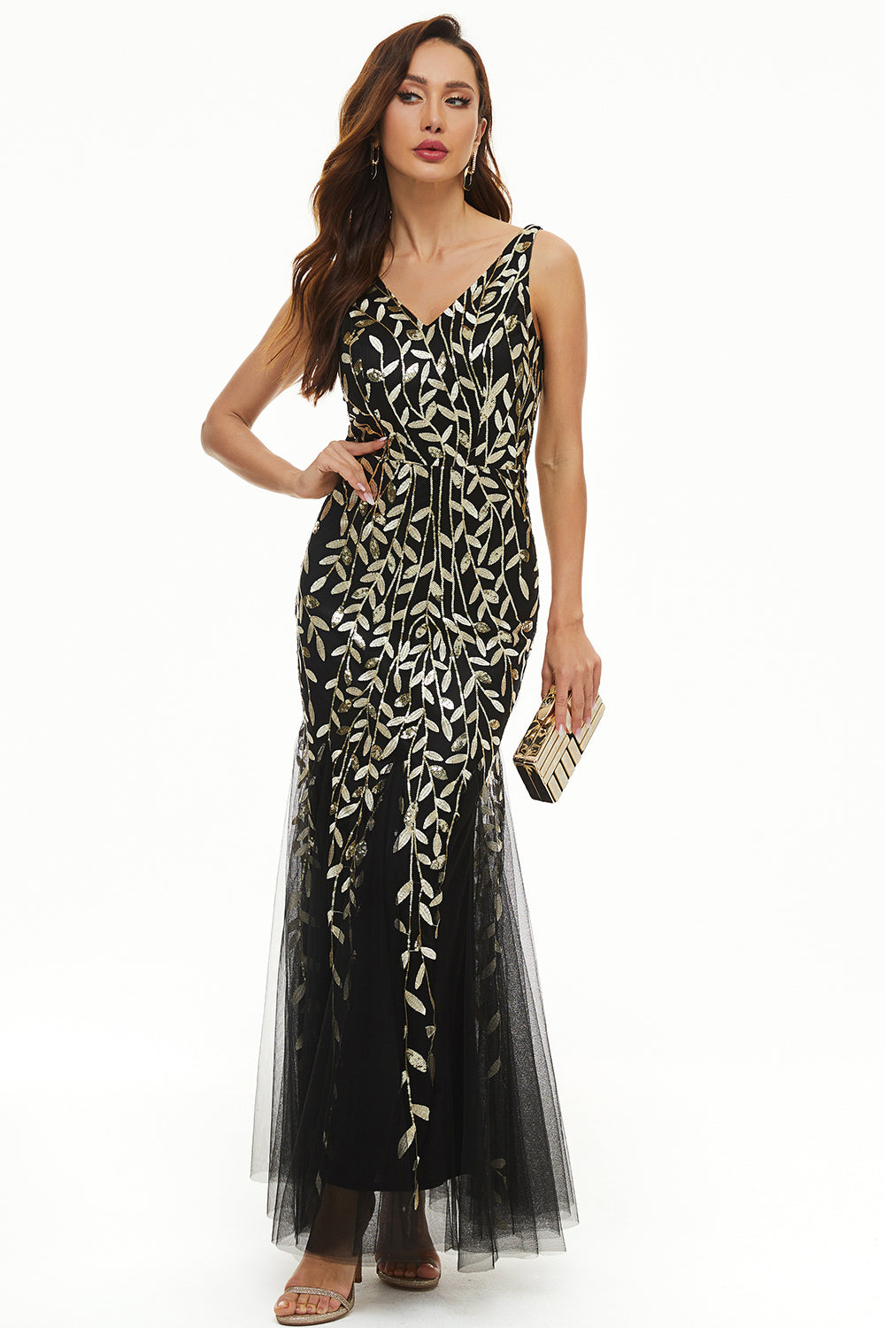 Feuilles Paillettes Tulle Longue Robe Formelle