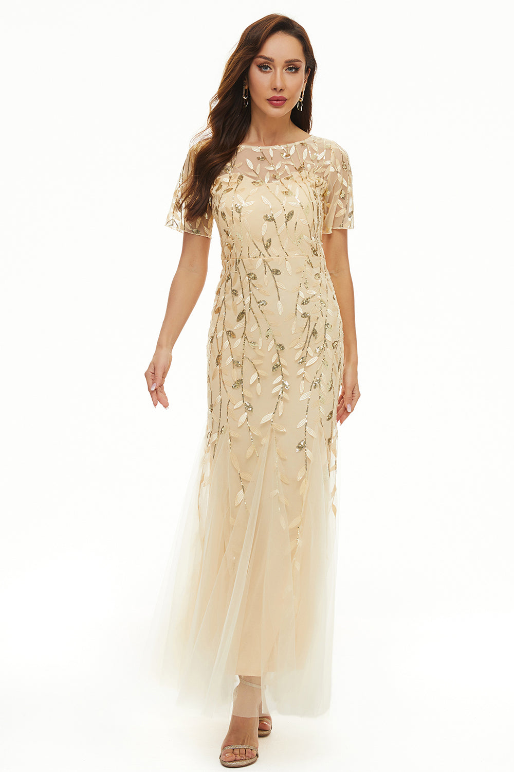 Feuilles Paillettes Robe Mère à Manches Courtes