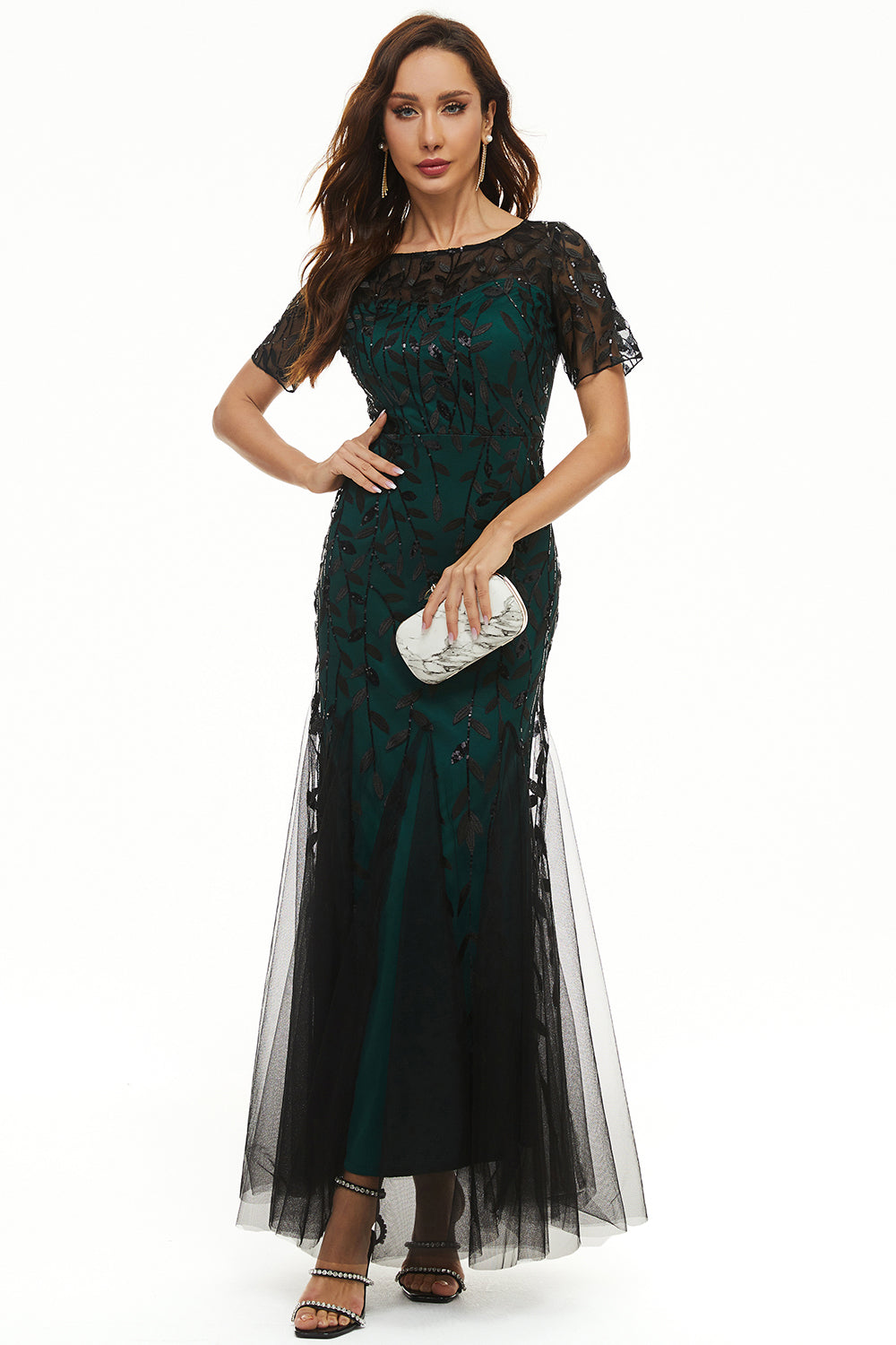 Feuilles Paillettes Robe Mère à Manches Courtes