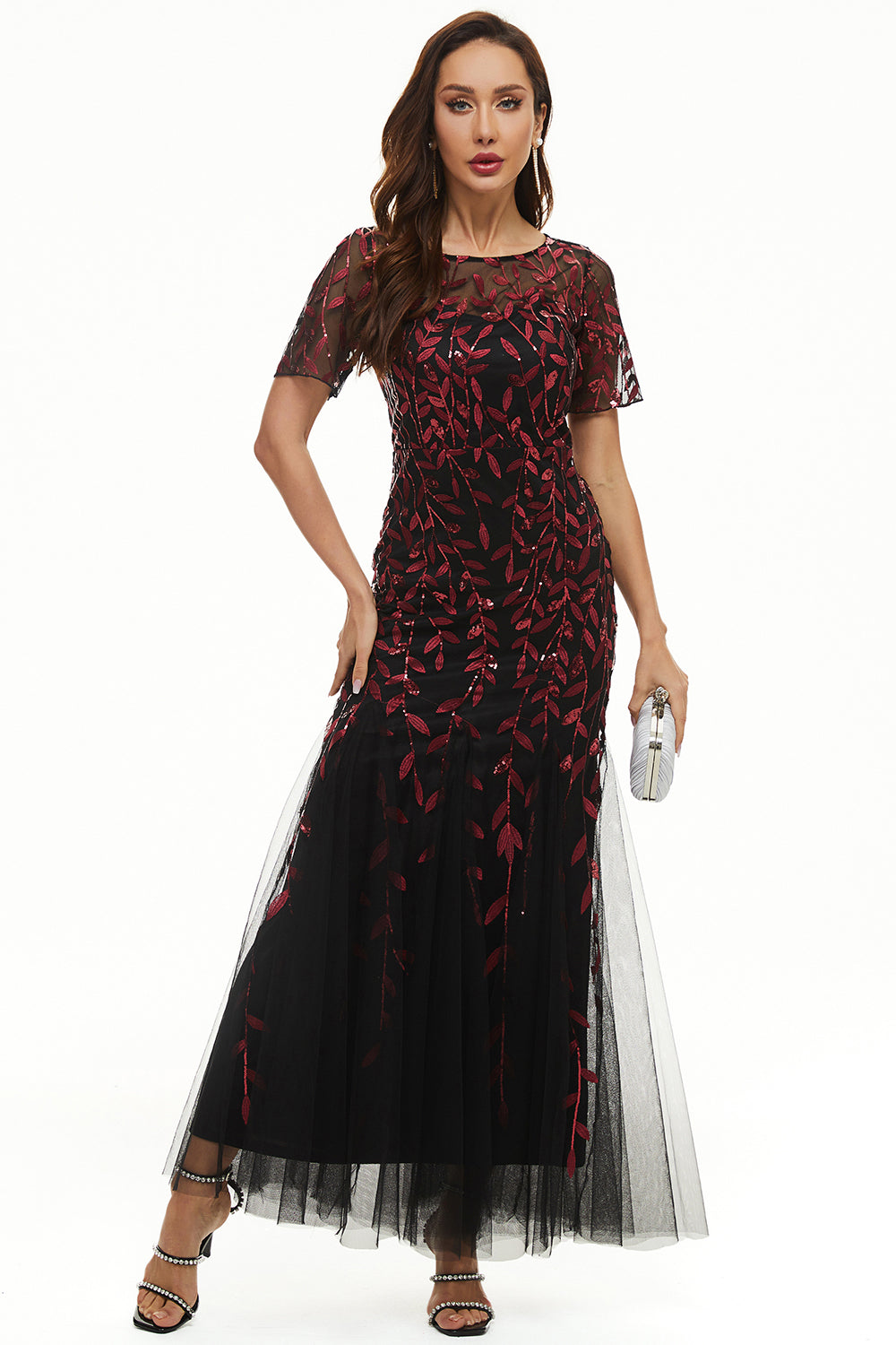 Feuilles Paillettes Robe Mère à Manches Courtes