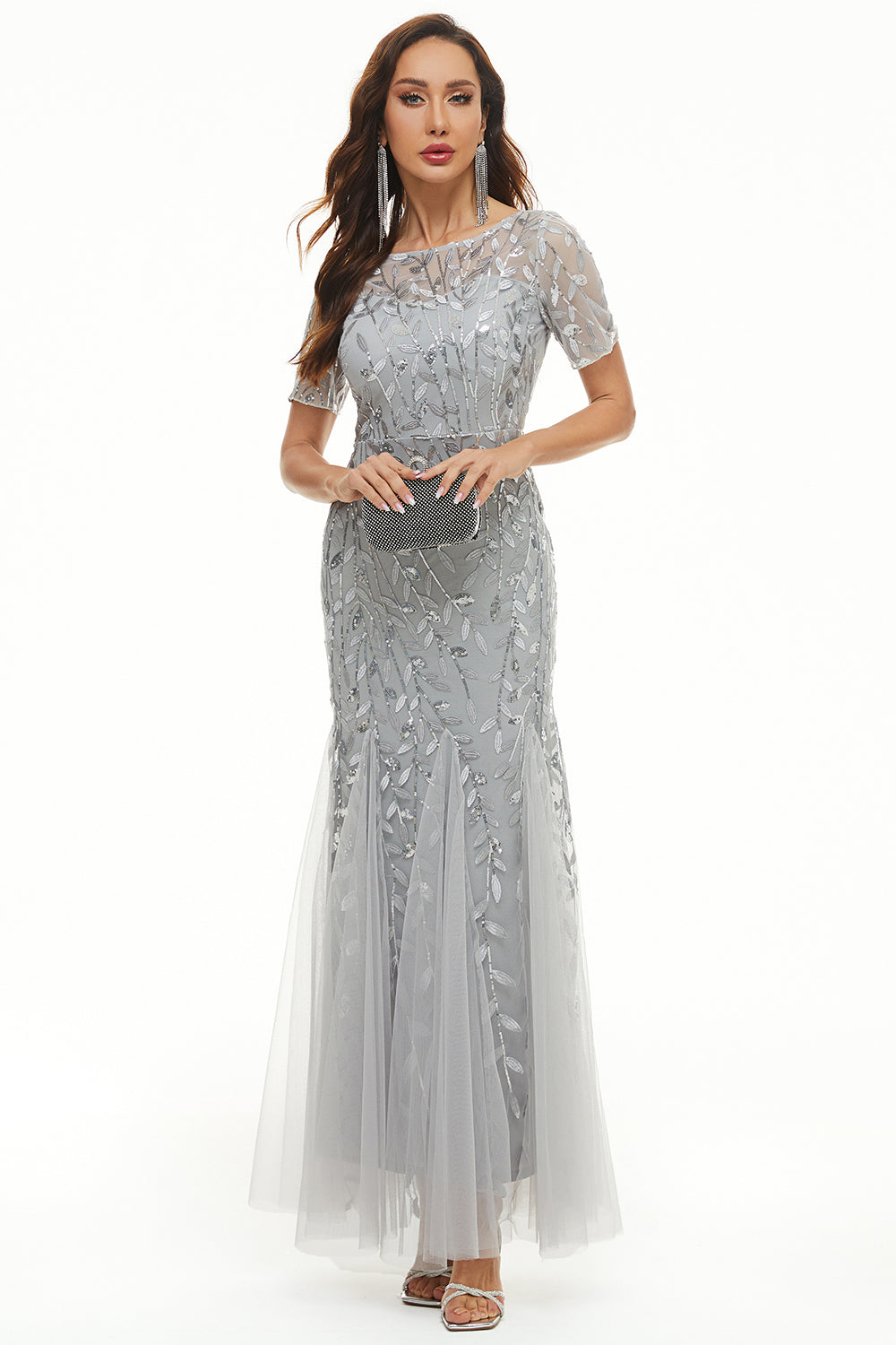 Feuilles Paillettes Robe Mère à Manches Courtes