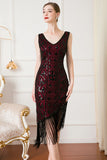 Robe à paillettes noire des années 1920 avec franges
