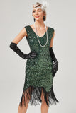 Robe Gatsby à col en V à paillettes vert foncé avec franges