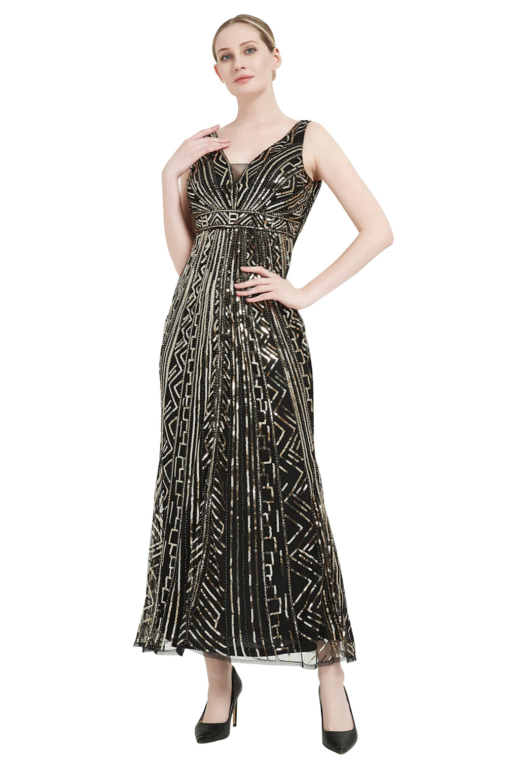 Sequin col V Midi 1920s Flapper Robe Flapper