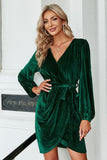 Velours Vert Foncé Manches Longues Wrap Robe de Fête